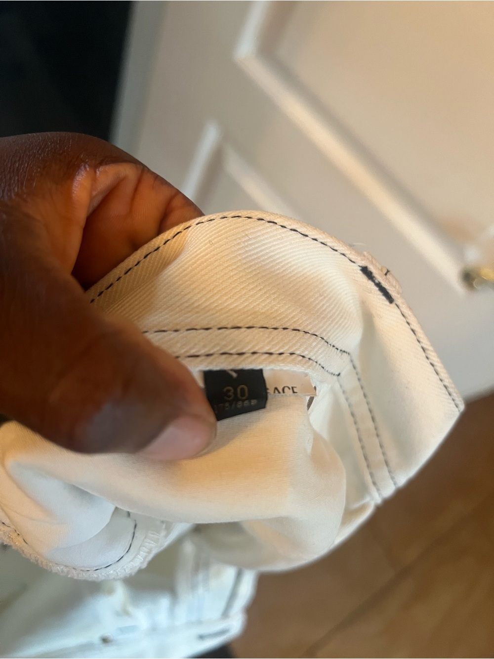 Versace White Denim Frayed Hem Shorts with Black Logo Panel - Picture 3 of 3